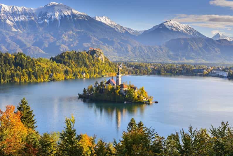 Lake Bled and its island church under the Julian Alps